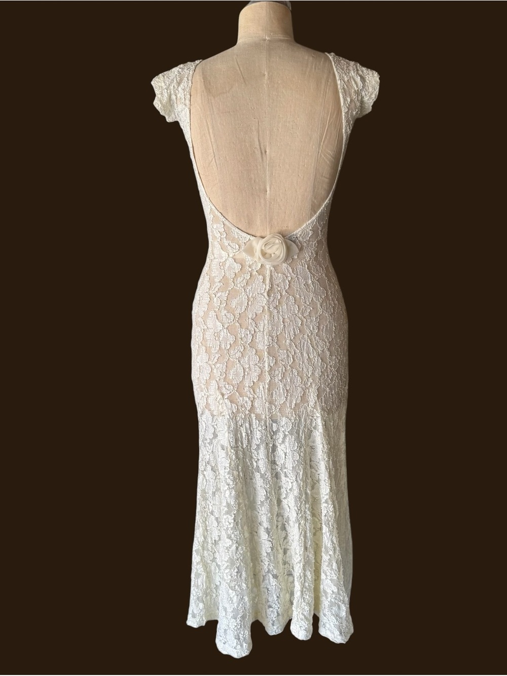 Vintage 90s Betsey Johnson Ivory Lace Semi Sheer Backless Cap Sleeve Maxi Dress